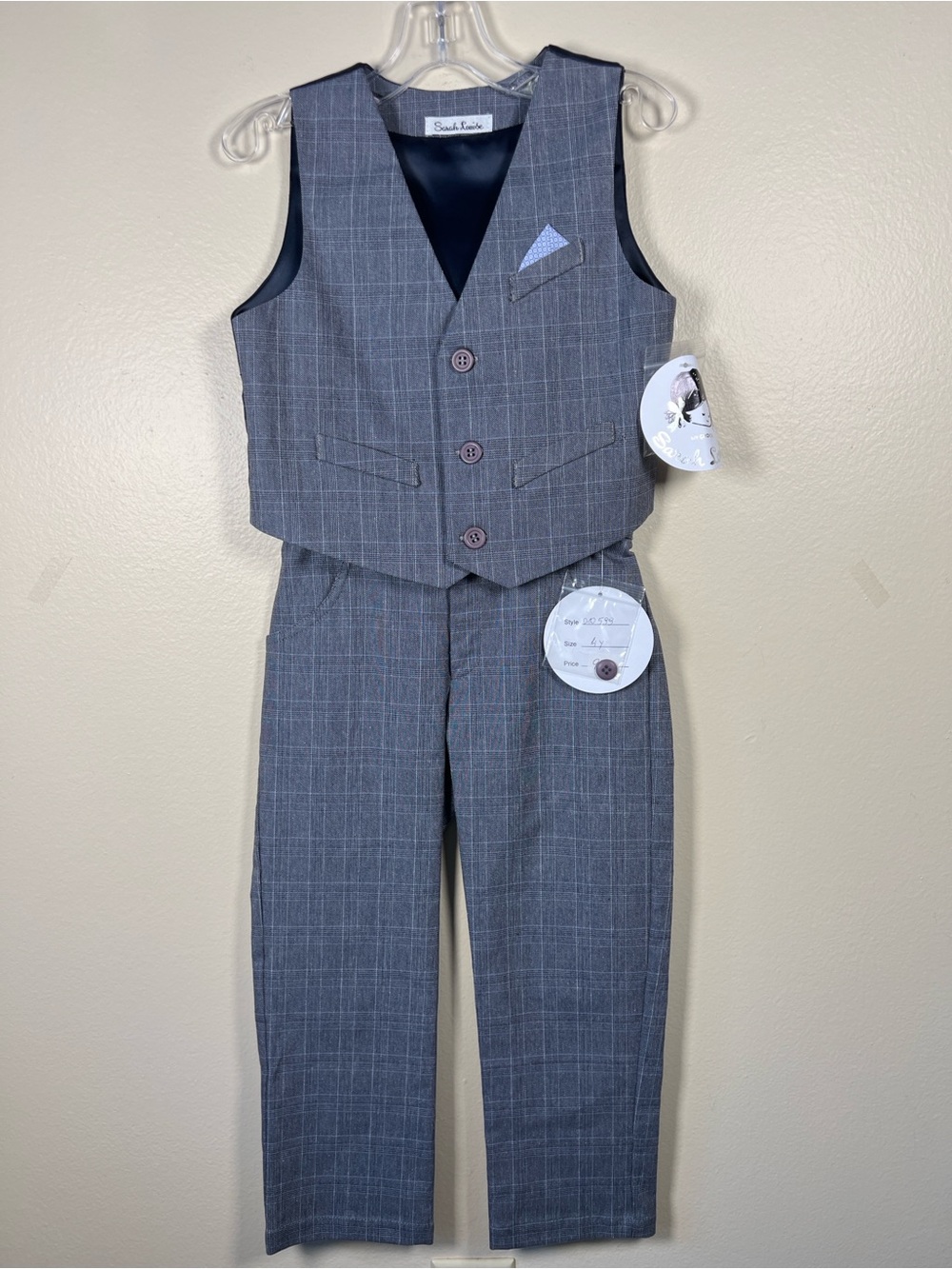 NWT Sarah Louise Gray Plaid Vest & Pants Kids 2Pc Set - Blue Gray Sz. 4Y